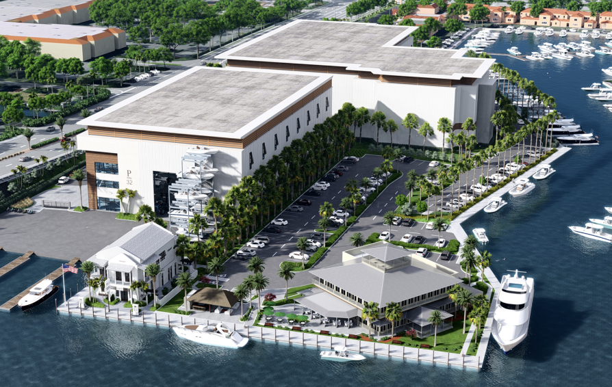 Aerial view of a Palm Beach County marina and boat fleet
